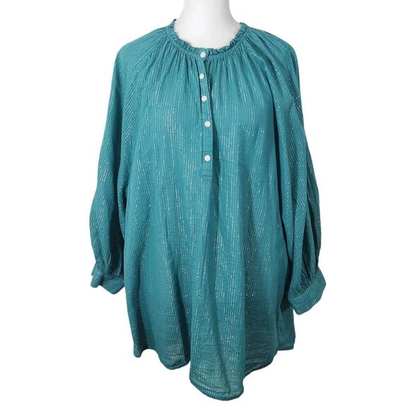 a.n.a Blue Boho Blouse with Full Sleeves Size XL Tall Blue and Silver Top - Picture 1 of 10